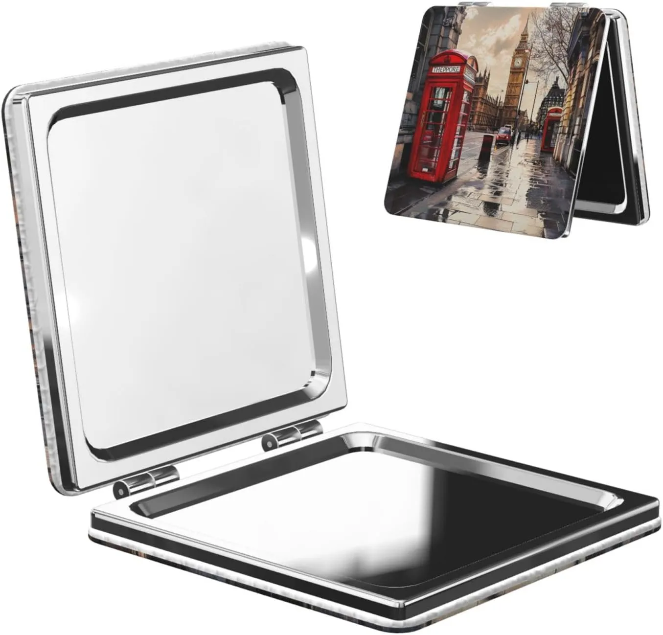 Red Phone Booth London Street Printed Square Pocket Makeup Mirror with 1X/2X Magnification, Portable Mini Travel Makeup Mirror for Travel Daily Work Beauty
