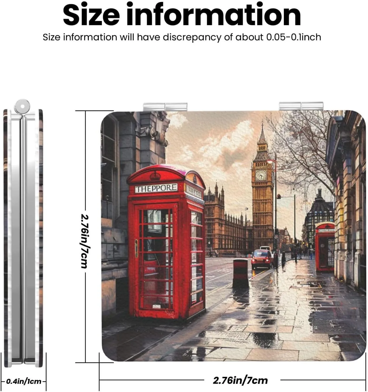 Red Phone Booth London Street Printed Square Pocket Makeup Mirror with 1X/2X Magnification, Portable Mini Travel Makeup Mirror for Travel Daily Work Beauty