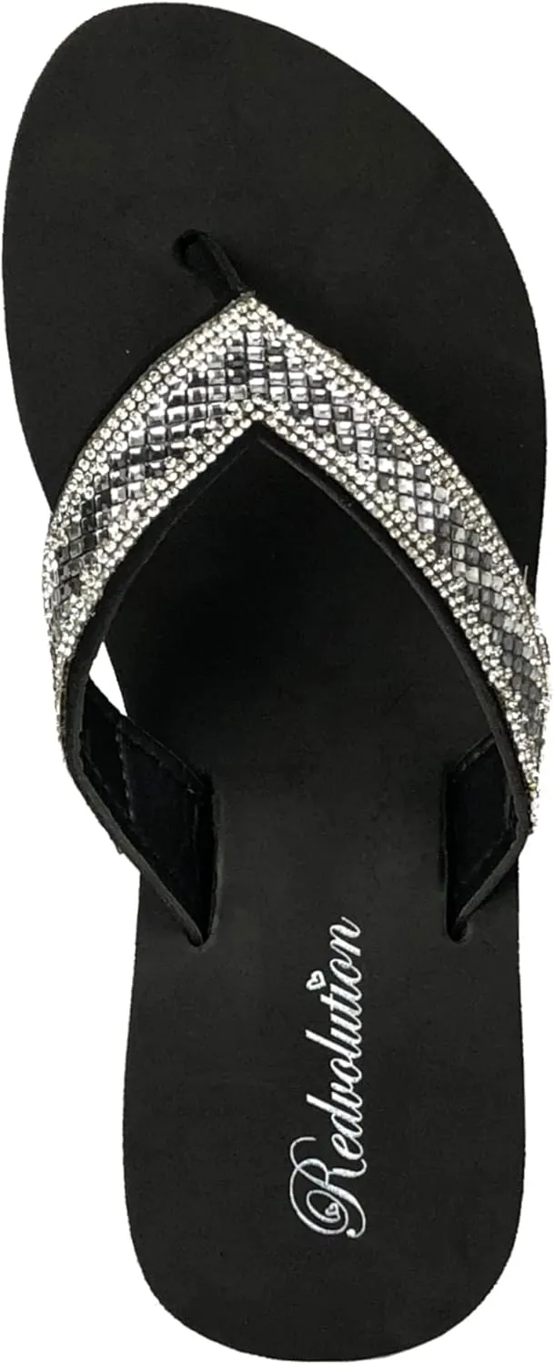 REDVOLUTION New Women's Rhinestone Sandals Platform T-Strap Jewel Sandals High Wedge Flip Flops