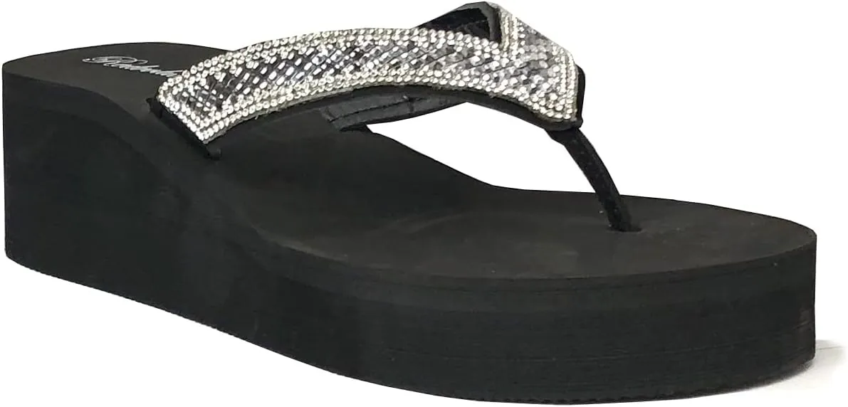REDVOLUTION New Women's Rhinestone Sandals Platform T-Strap Jewel Sandals High Wedge Flip Flops