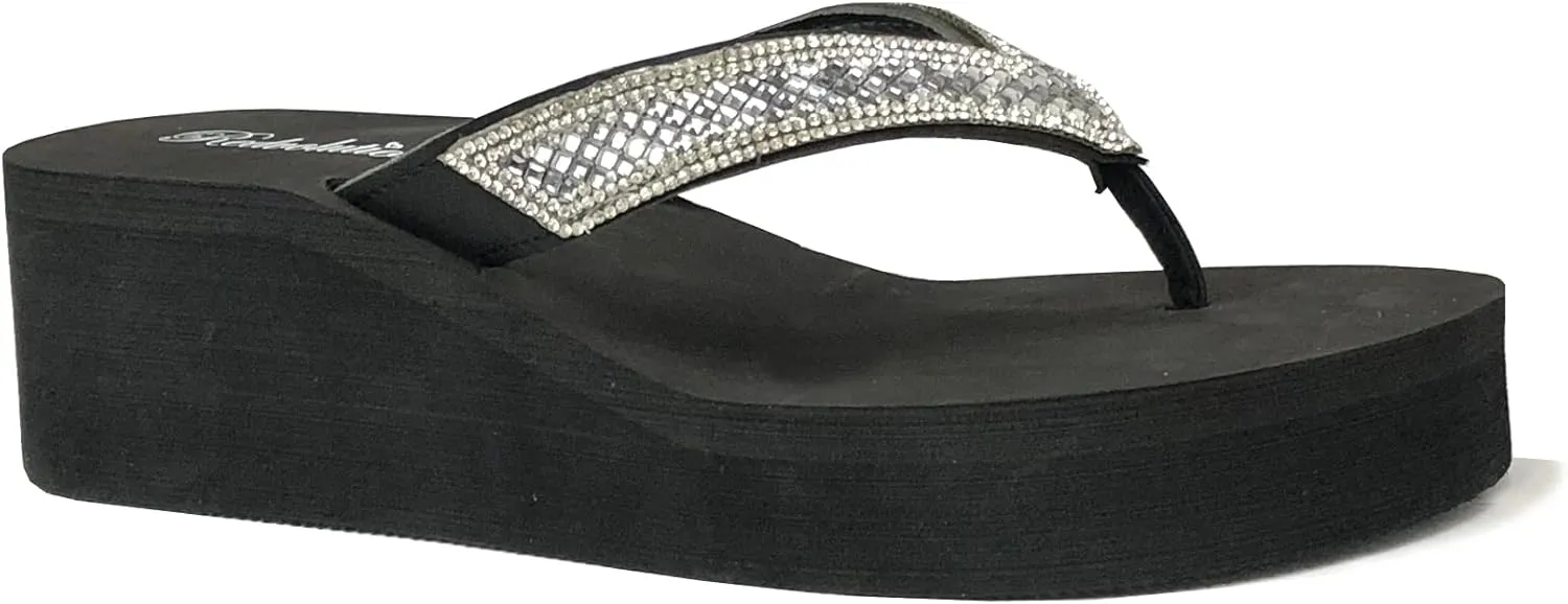 REDVOLUTION New Women's Rhinestone Sandals Platform T-Strap Jewel Sandals High Wedge Flip Flops