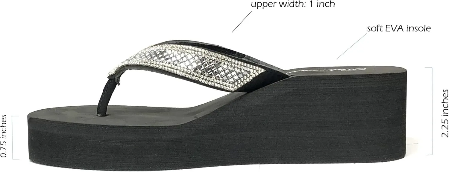 REDVOLUTION New Women's Rhinestone Sandals Platform T-Strap Jewel Sandals High Wedge Flip Flops