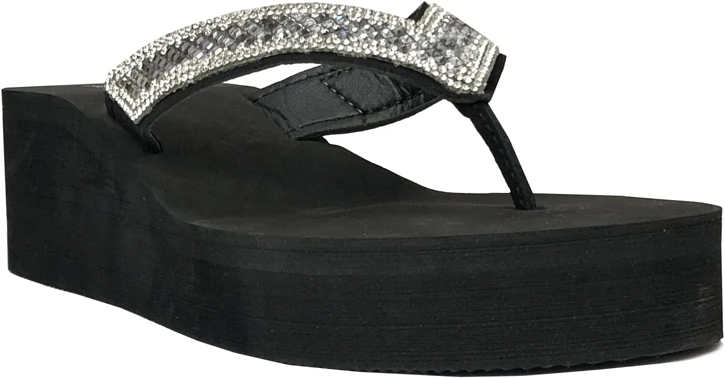 REDVOLUTION New Women's Rhinestone Sandals Platform T-Strap Jewel Sandals High Wedge Flip Flops