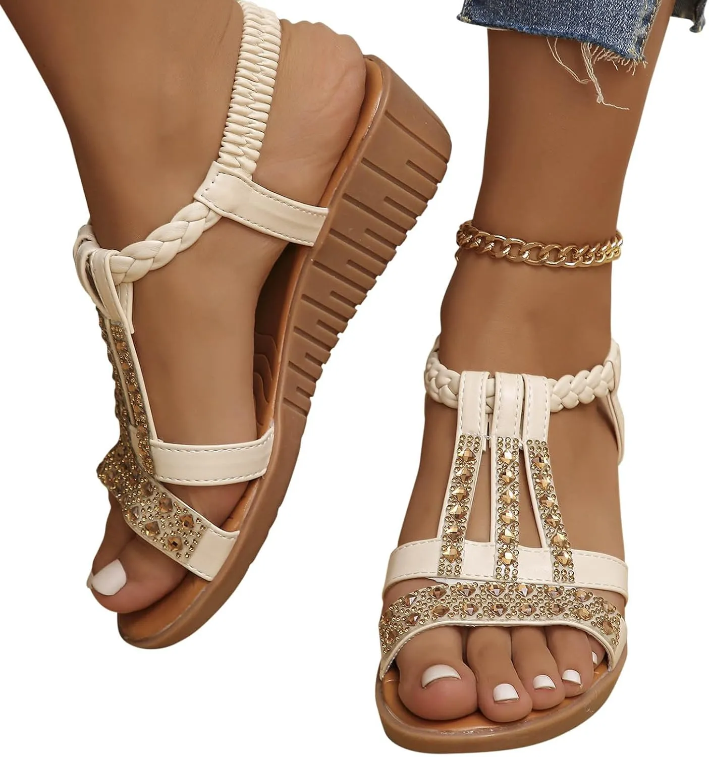 Rhinestone Sandals for Women Dressy Thong Strappy Flats Boho Slip on Elastic Casual Summer Beach Shoes