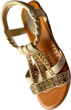 Rhinestone Sandals for Women Dressy Thong Strappy Flats Boho Slip on Elastic Casual Summer Beach Shoes