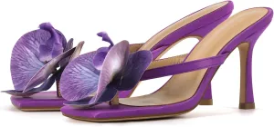 richealnini Floral Orchid Heels for Women Slip On Stiletto High Heels Thong Mules