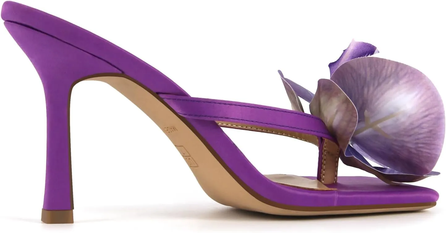 richealnini Floral Orchid Heels for Women Slip On Stiletto High Heels Thong Mules