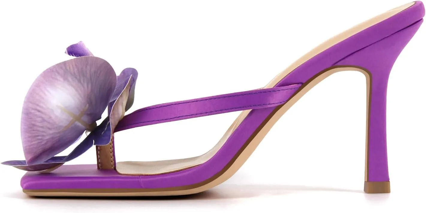 richealnini Floral Orchid Heels for Women Slip On Stiletto High Heels Thong Mules