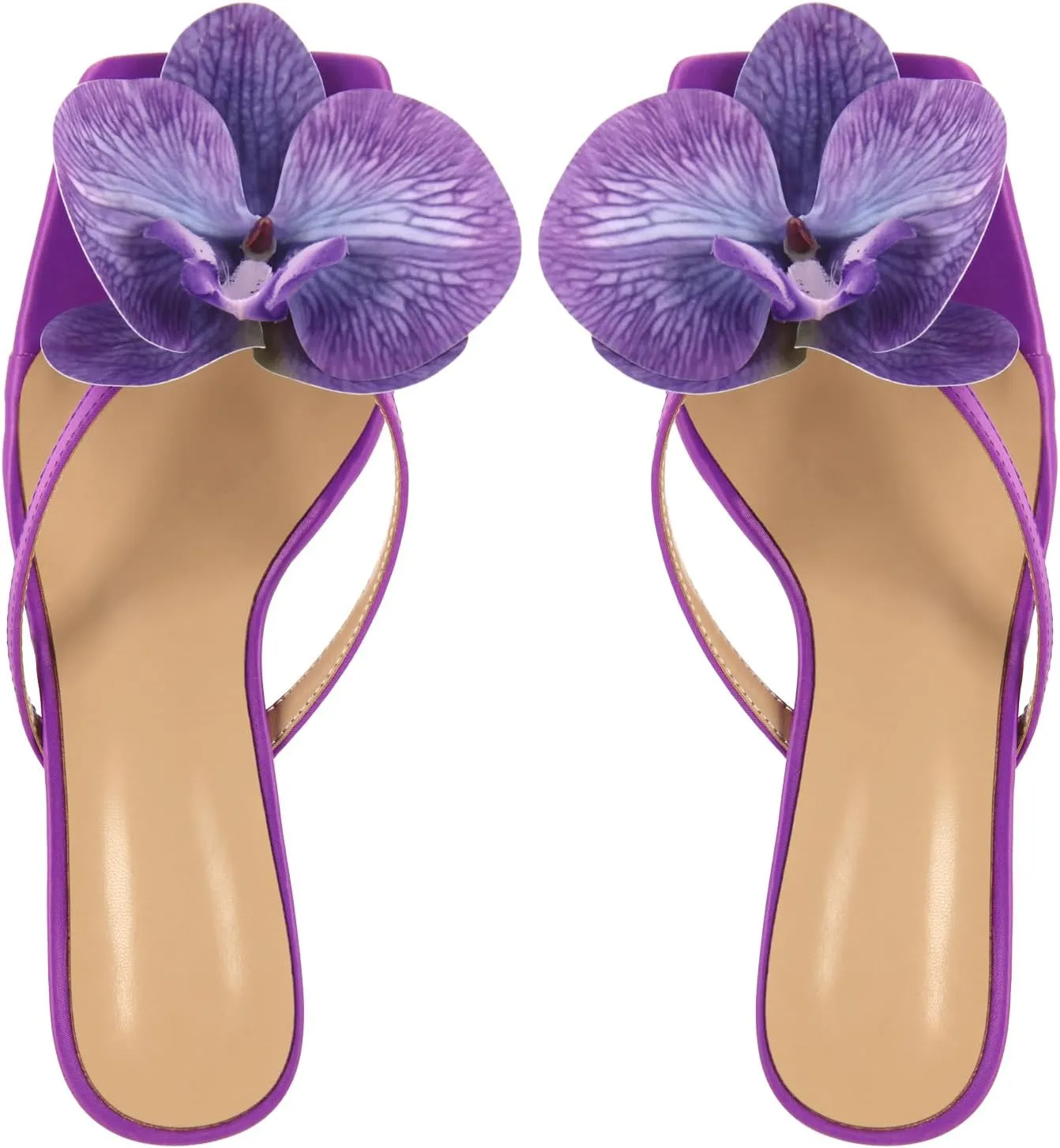richealnini Floral Orchid Heels for Women Slip On Stiletto High Heels Thong Mules