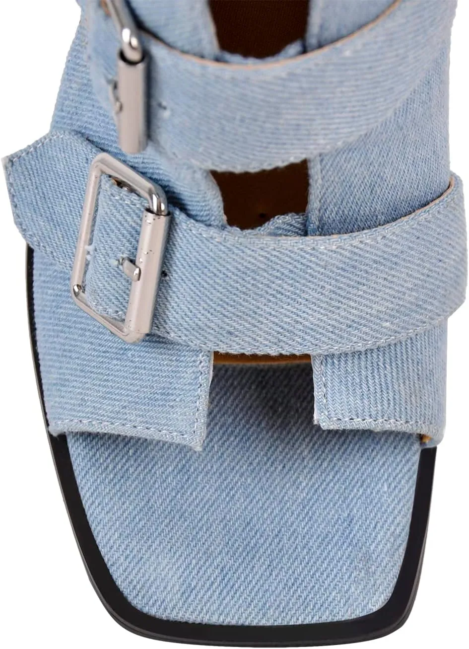 richealnini Sexy Square Peep Toe Gladiator Wedge Heeled Sandals with Side Zippers Front Buckle Up Ankle Wrap Strappy Heels