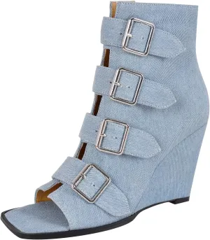 richealnini Sexy Square Peep Toe Gladiator Wedge Heeled Sandals with Side Zippers Front Buckle Up Ankle Wrap Strappy Heels