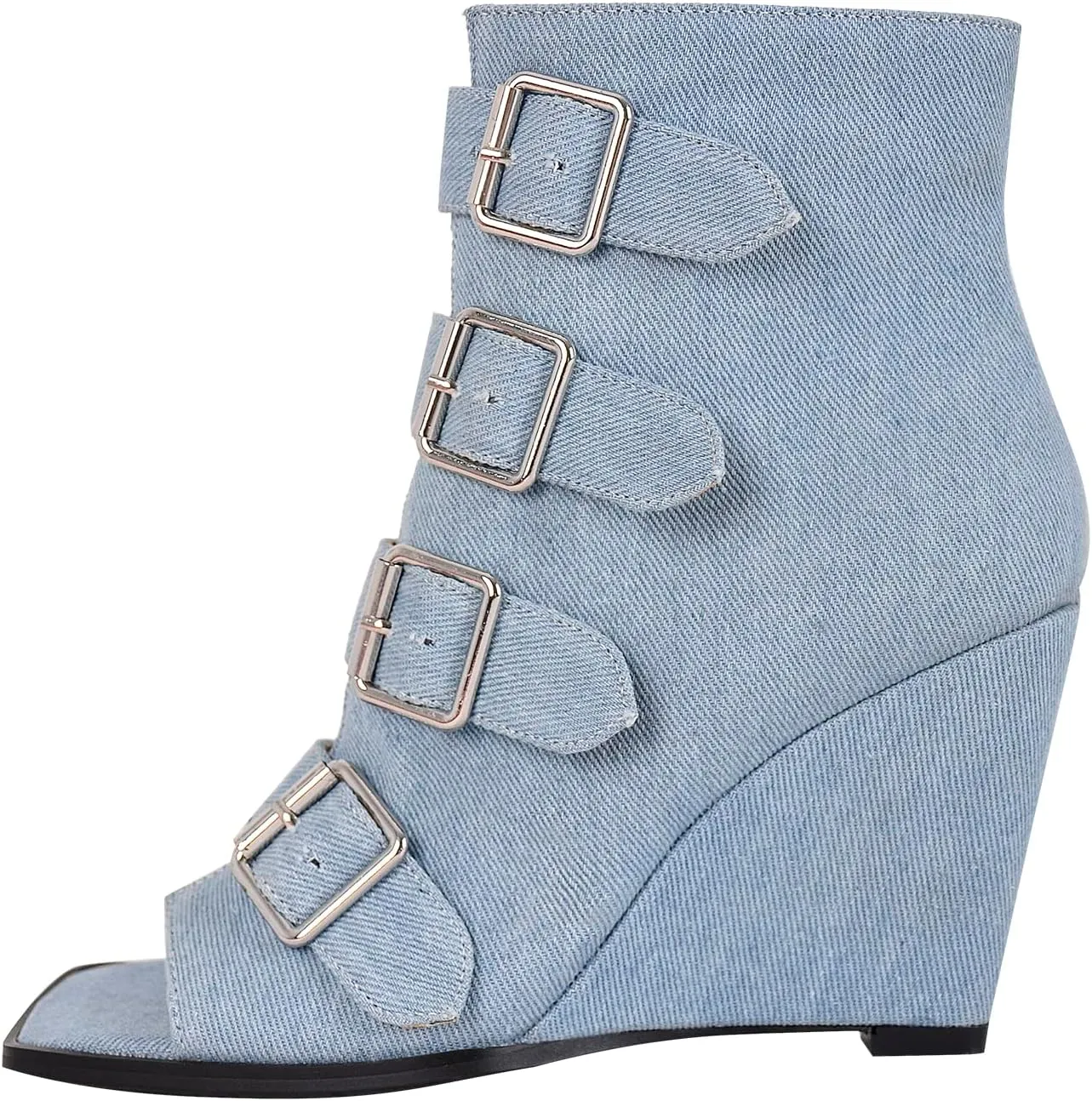 richealnini Sexy Square Peep Toe Gladiator Wedge Heeled Sandals with Side Zippers Front Buckle Up Ankle Wrap Strappy Heels