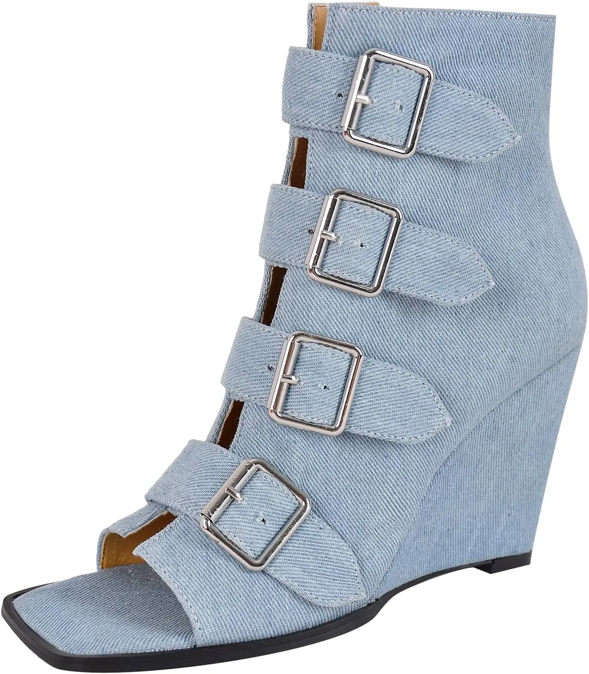 richealnini Sexy Square Peep Toe Gladiator Wedge Heeled Sandals with Side Zippers Front Buckle Up Ankle Wrap Strappy Heels