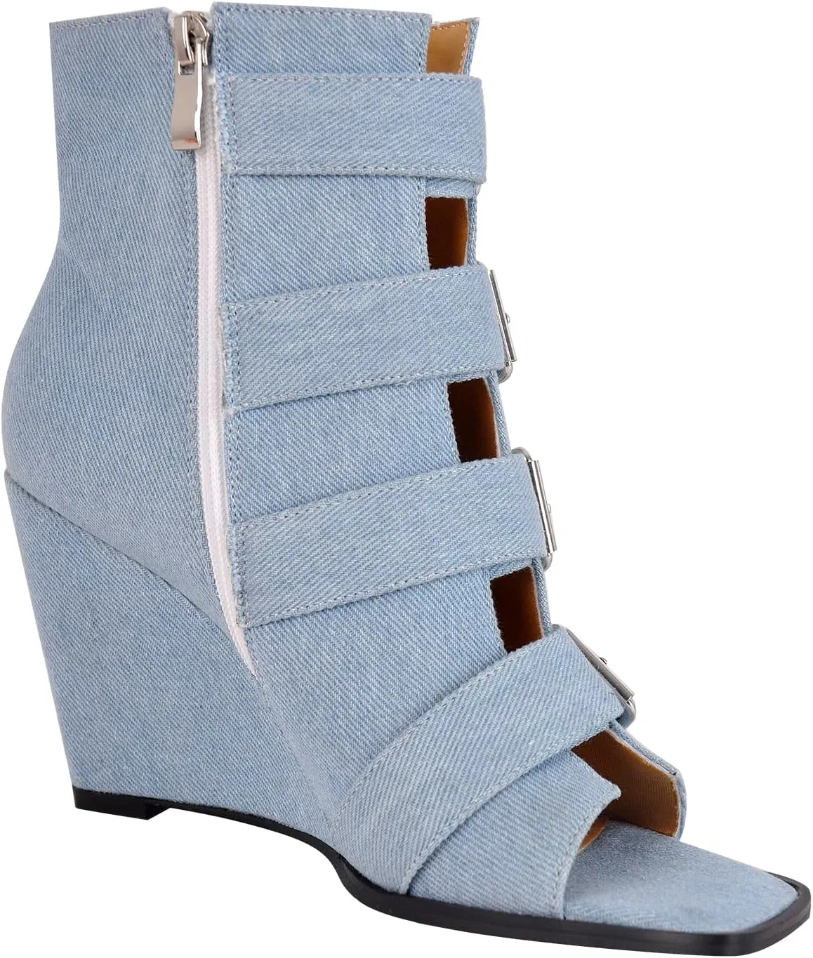 richealnini Sexy Square Peep Toe Gladiator Wedge Heeled Sandals with Side Zippers Front Buckle Up Ankle Wrap Strappy Heels