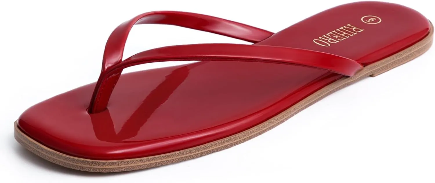 Rihero Flip Flops for Women Comfortable Square Toe Beach Sandals Slip On Leather Thong Flat Sandals Dressy