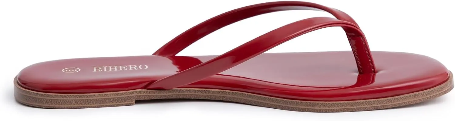 Rihero Flip Flops for Women Comfortable Square Toe Beach Sandals Slip On Leather Thong Flat Sandals Dressy