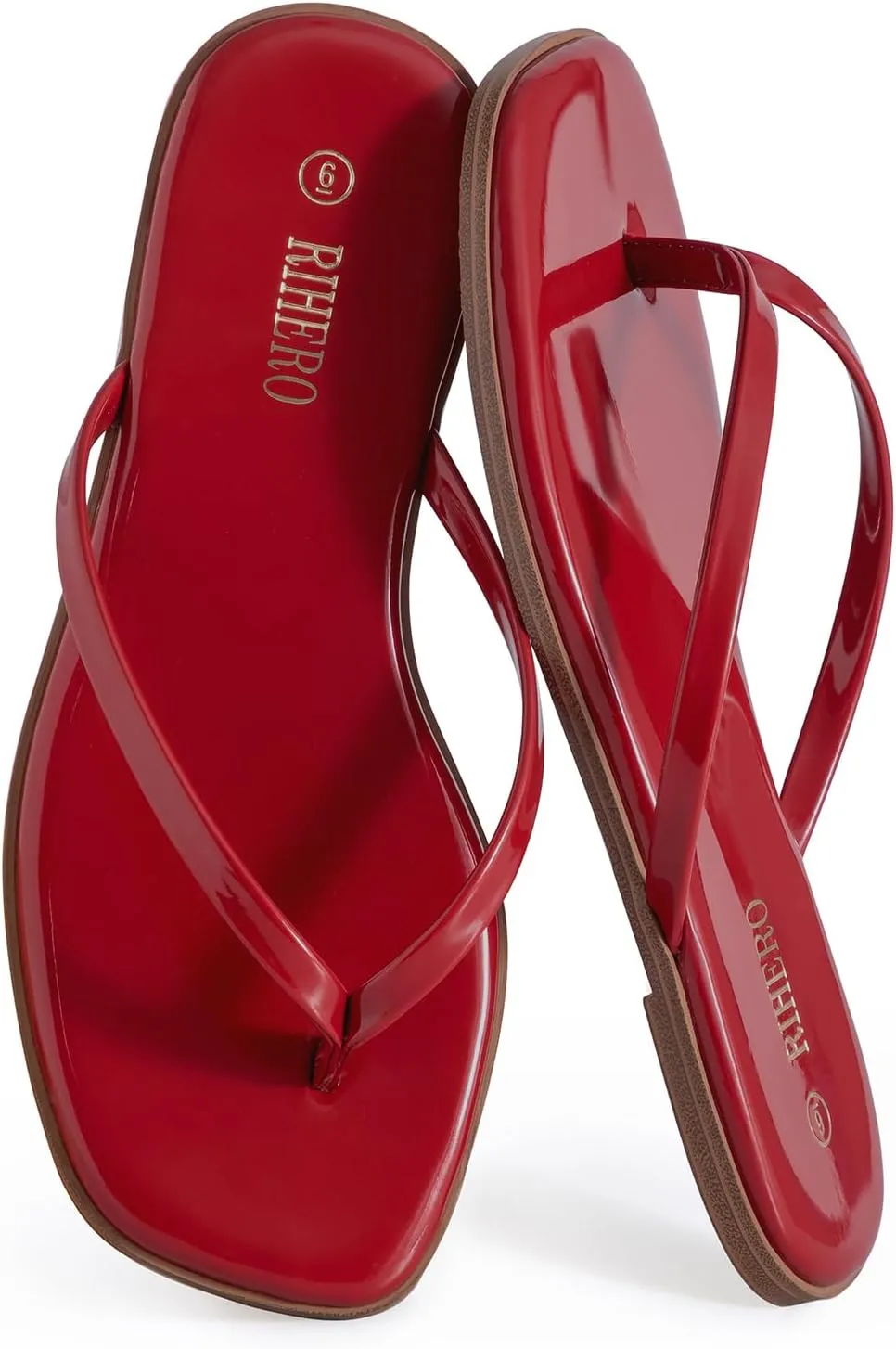 Rihero Flip Flops for Women Comfortable Square Toe Beach Sandals Slip On Leather Thong Flat Sandals Dressy