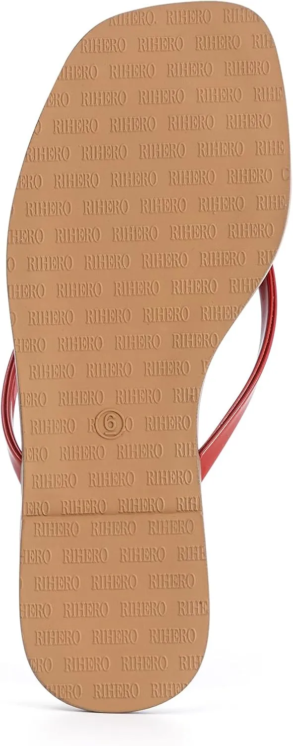 Rihero Flip Flops for Women Comfortable Square Toe Beach Sandals Slip On Leather Thong Flat Sandals Dressy