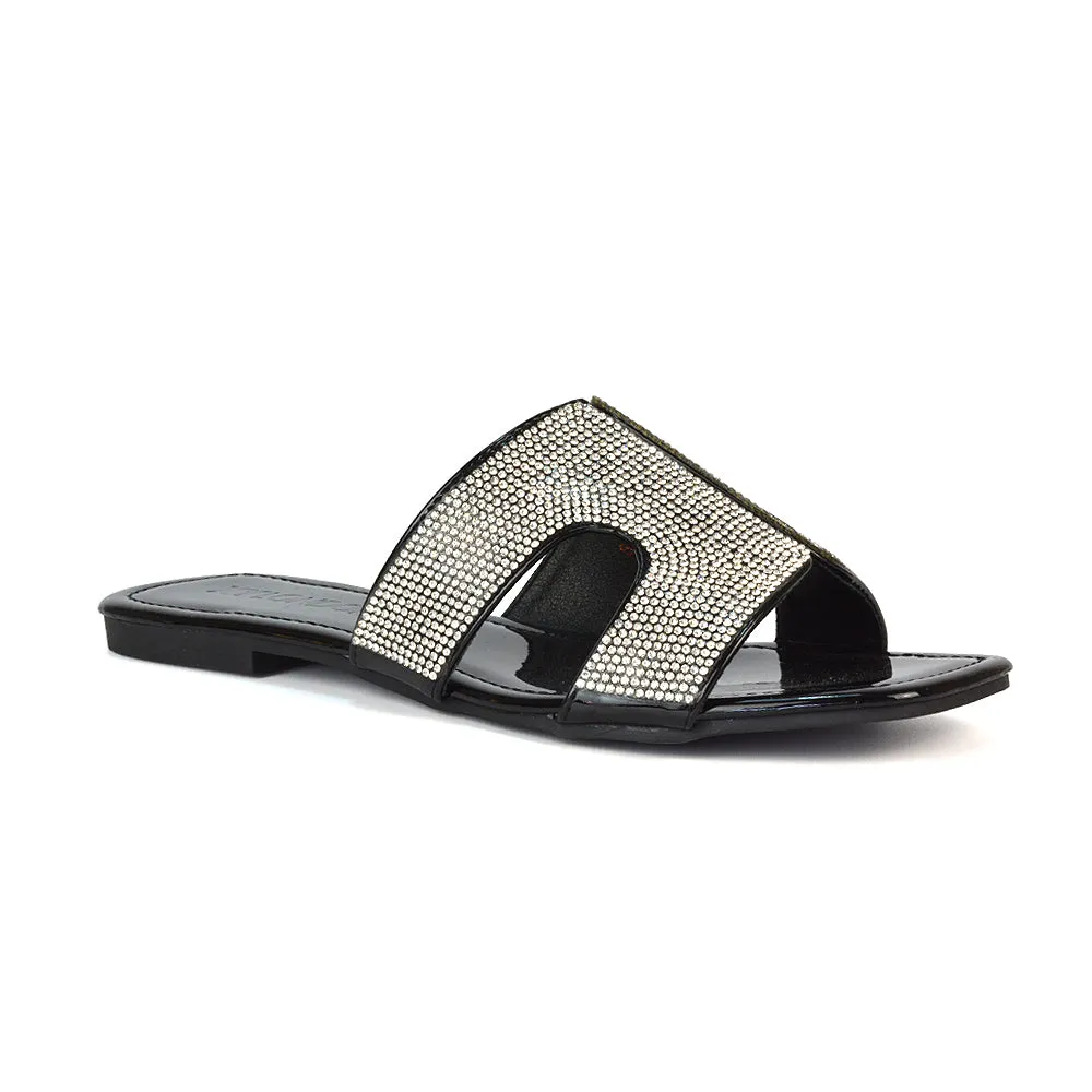 Ruby Cut Out Diamante Strap Square Toe Flat Heel Sandal Slides in Silver Metallic