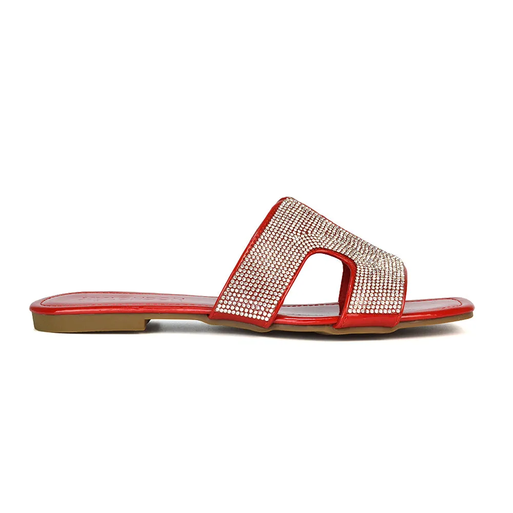 Ruby Cut Out Diamante Strap Square Toe Flat Heel Sandal Slides in Silver Metallic