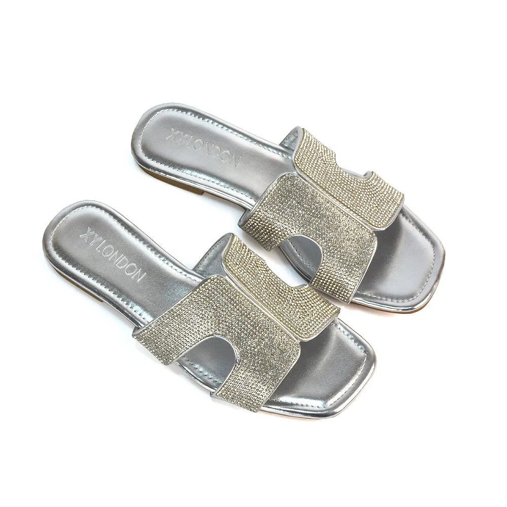 Ruby Cut Out Diamante Strap Square Toe Flat Heel Sandal Slides in Silver Metallic