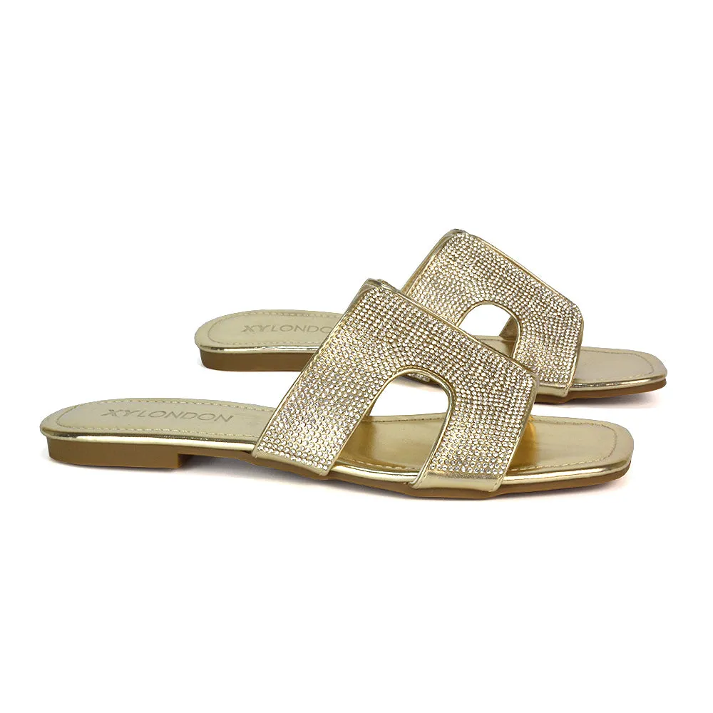 Ruby Cut Out Diamante Strap Square Toe Flat Heel Sandal Slides in Silver Metallic