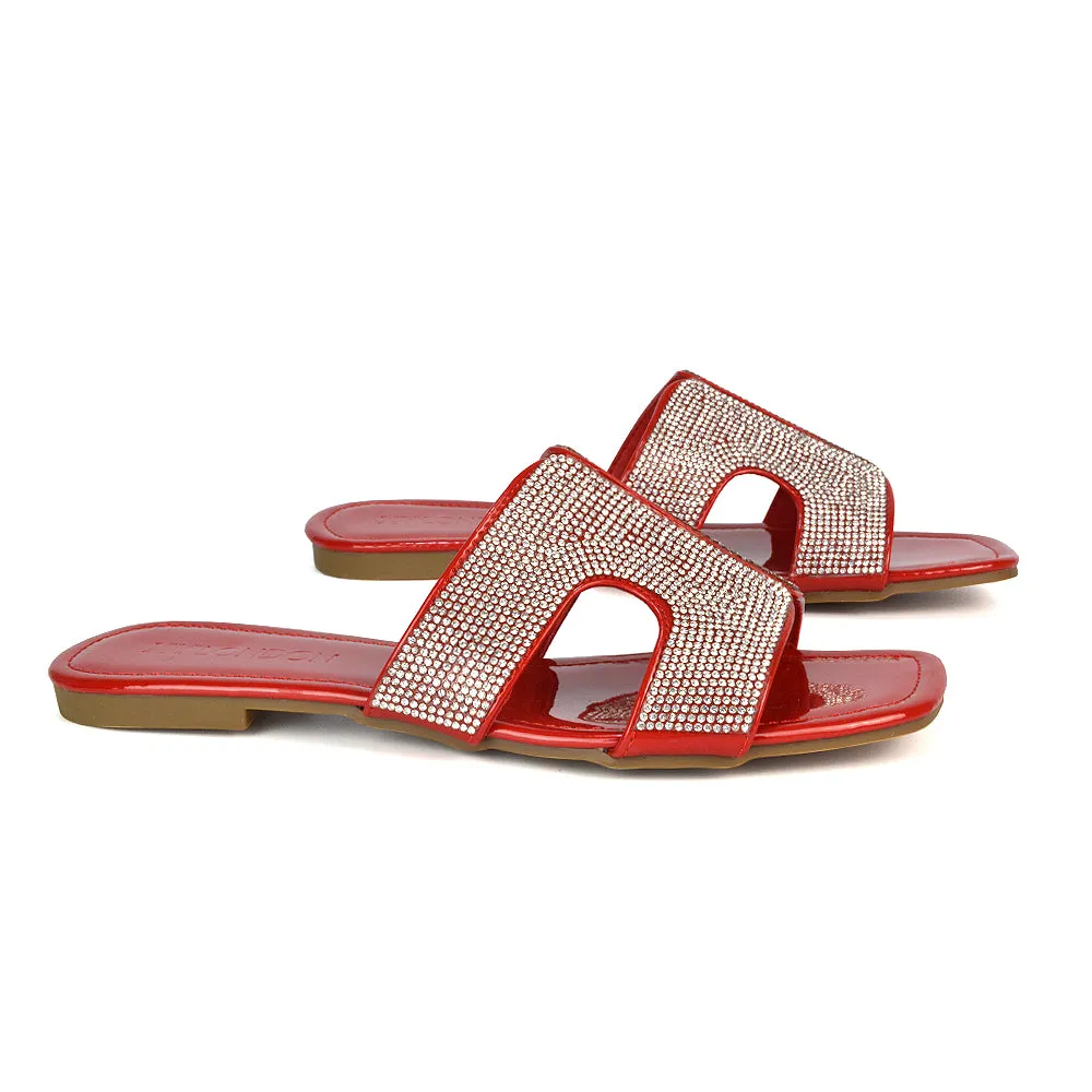 Ruby Cut Out Diamante Strap Square Toe Flat Heel Sandal Slides in Silver Metallic