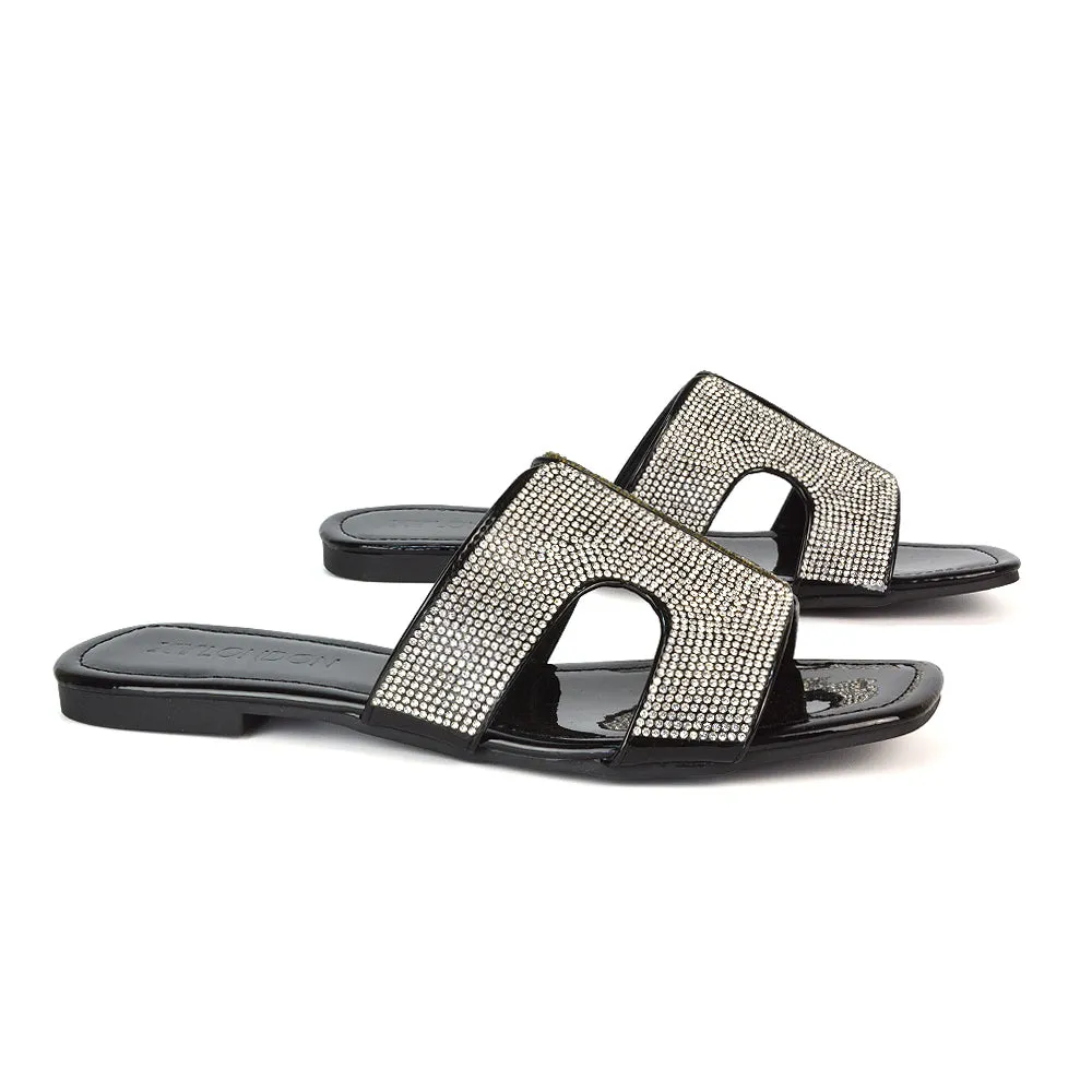 Ruby Cut Out Diamante Strap Square Toe Flat Heel Sandal Slides in Silver Metallic
