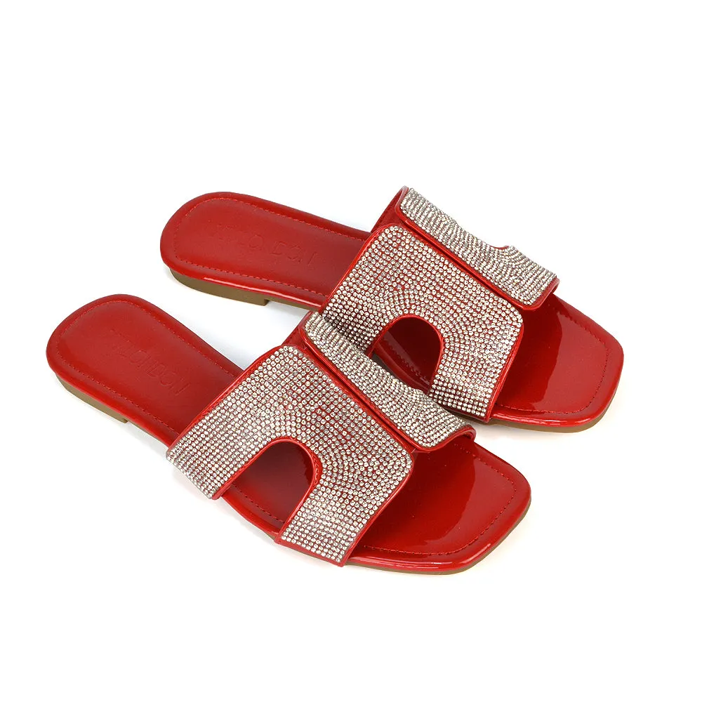 Ruby Cut Out Diamante Strap Square Toe Flat Heel Sandal Slides in Silver Metallic