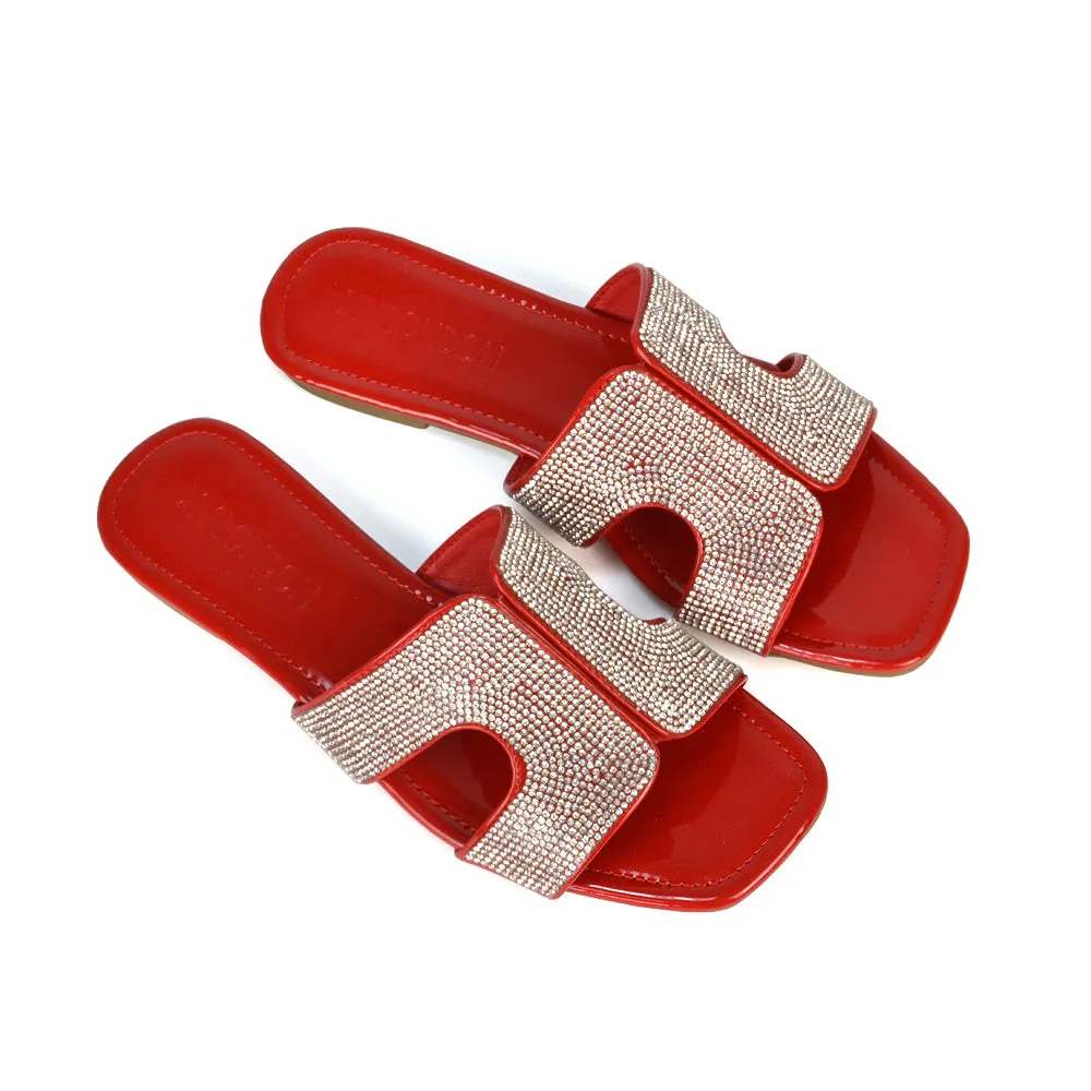 Ruby Cut Out Diamante Strap Square Toe Flat Heel Sandal Slides in Silver Metallic