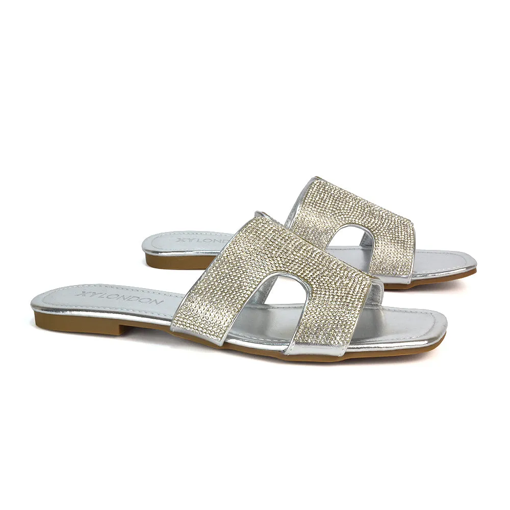 Ruby Cut Out Diamante Strap Square Toe Flat Heel Sandal Slides in Silver Metallic