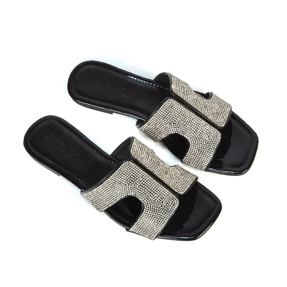 Ruby Cut Out Diamante Strap Square Toe Flat Heel Sandal Slides in Silver Metallic