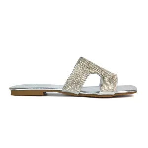 Ruby Cut Out Diamante Strap Square Toe Flat Heel Sandal Slides in Silver Metallic