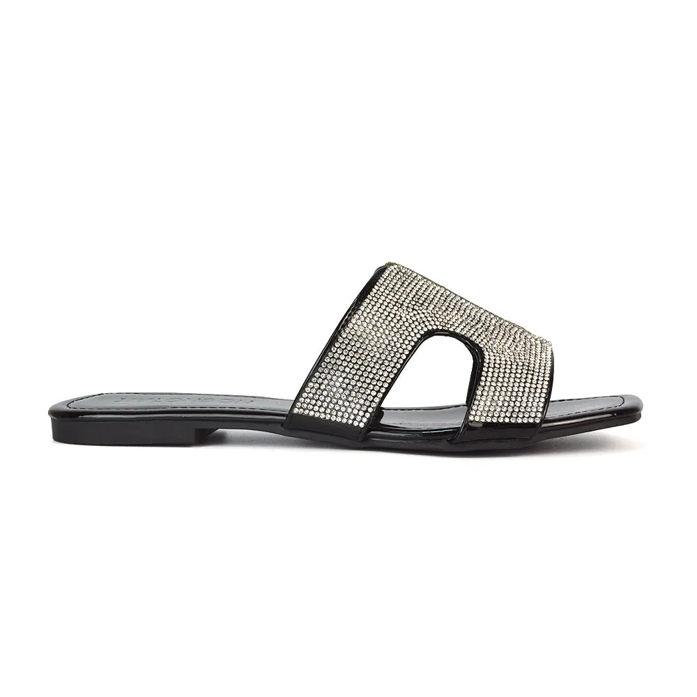 Ruby Cut Out Diamante Strap Square Toe Flat Heel Sandal Slides in Silver Metallic