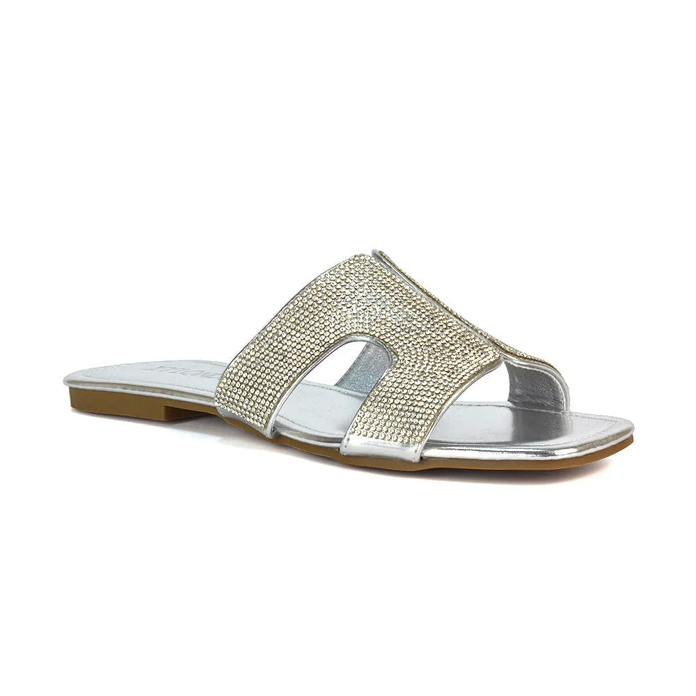 Ruby Cut Out Diamante Strap Square Toe Flat Heel Sandal Slides in Silver Metallic