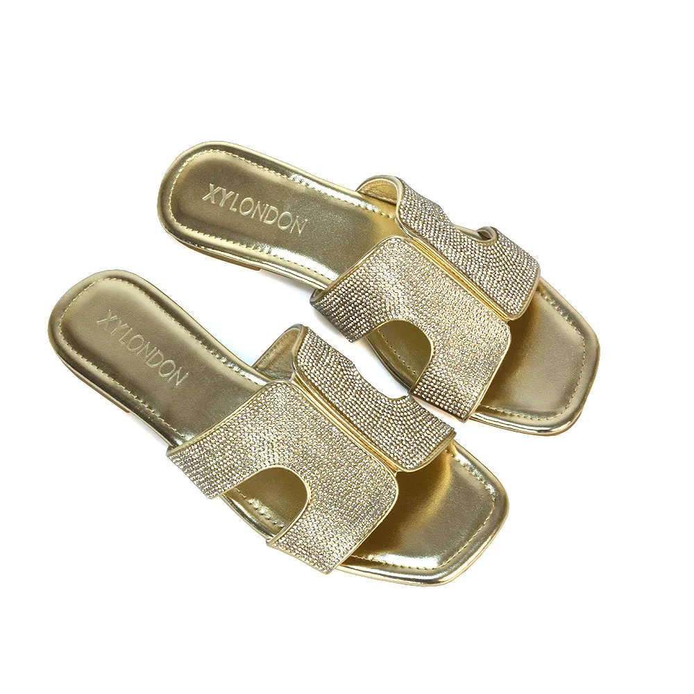 Ruby Cut Out Diamante Strap Square Toe Flat Heel Sandal Slides in Silver Metallic