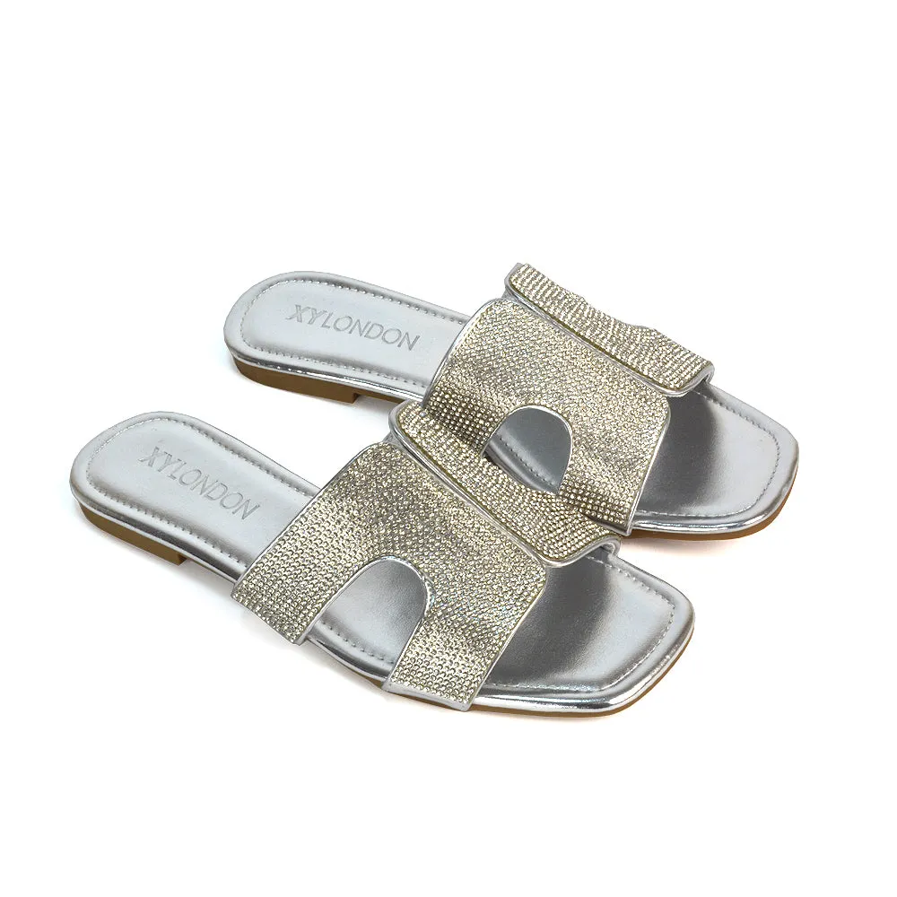 Ruby Cut Out Diamante Strap Square Toe Flat Heel Sandal Slides in Silver Metallic