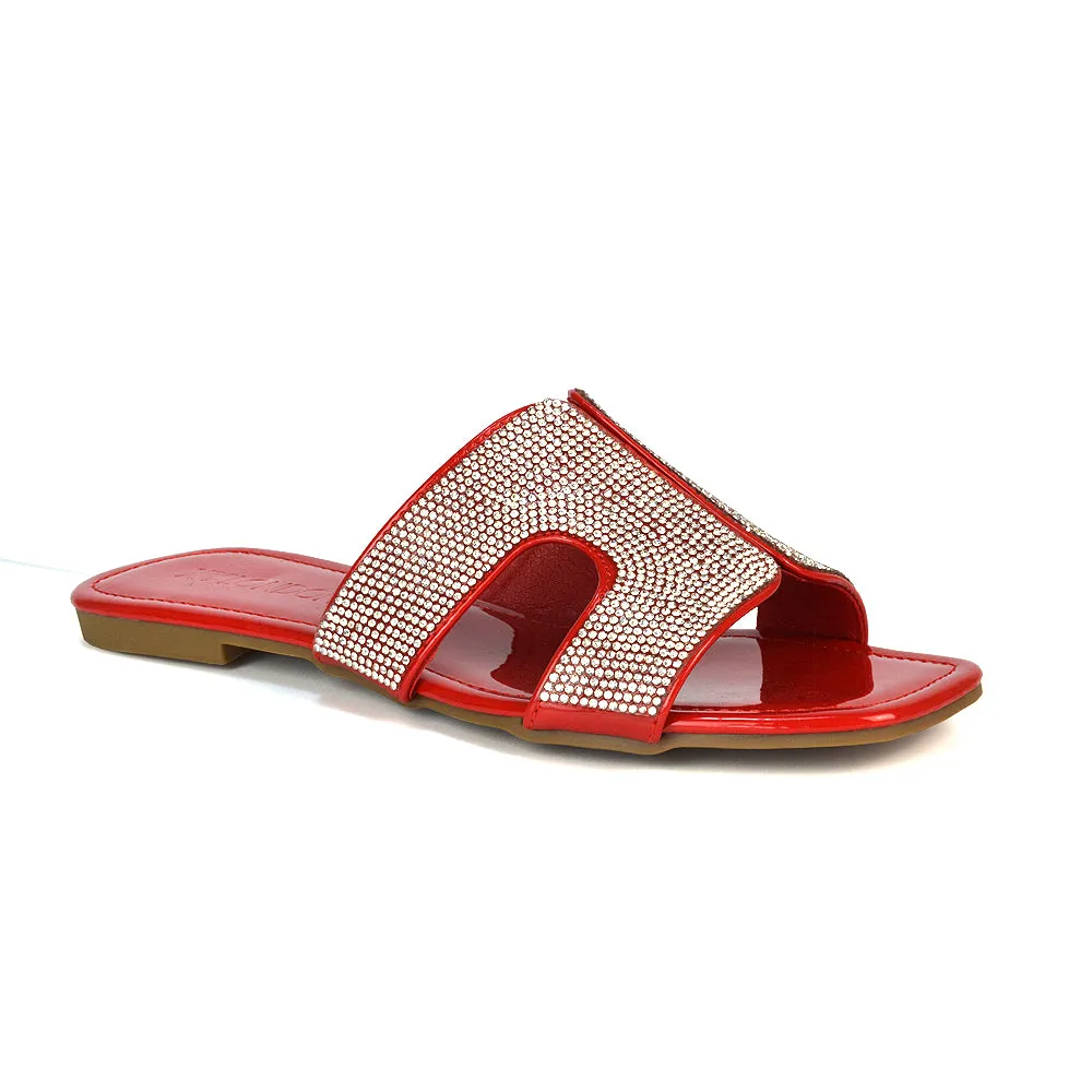 Ruby Cut Out Diamante Strap Square Toe Flat Heel Sandal Slides in Silver Metallic