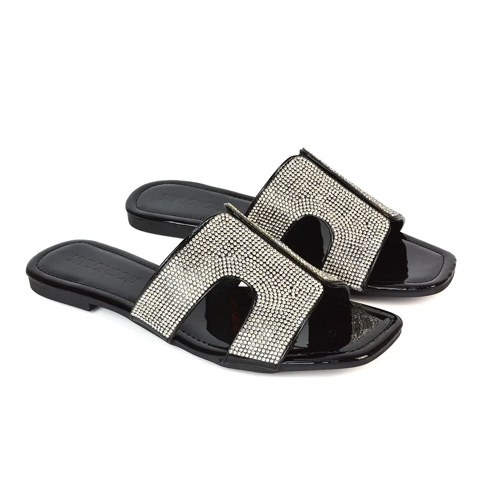 Ruby Cut Out Diamante Strap Square Toe Flat Heel Sandal Slides in Silver Metallic