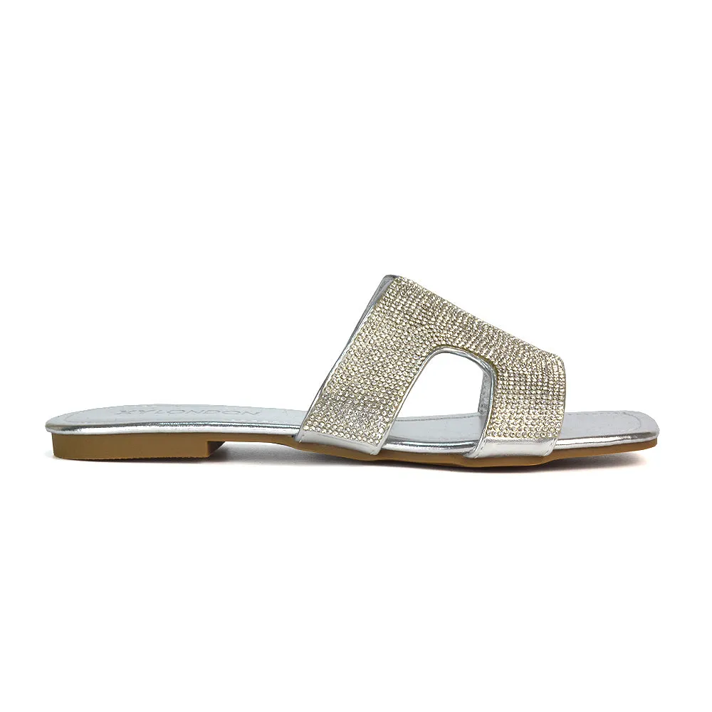 Ruby Cut Out Diamante Strap Square Toe Flat Heel Sandal Slides in Silver Metallic
