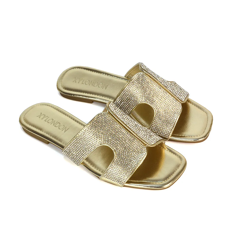 Ruby Cut Out Diamante Strap Square Toe Flat Heel Sandal Slides in Silver Metallic