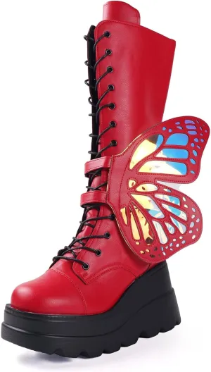 SACFOF Women Platform Punk Goth Mid Calf Boots Chunky High Heel Side Zip Butterfly Wings Knee High Motorcycle Combat Booties
