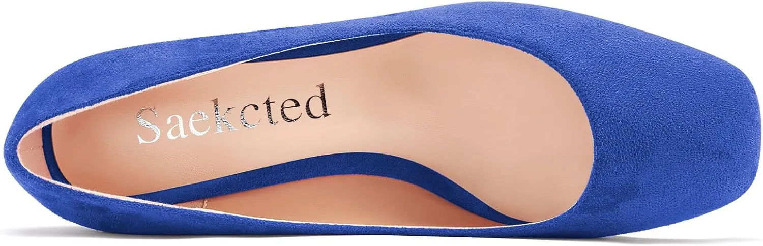 Saekcted Women Chunky Block Wedge Heel Close Square Toe Slip-on Pumps Classic Cute Dress Party 2.0 Inches Heels Shoes