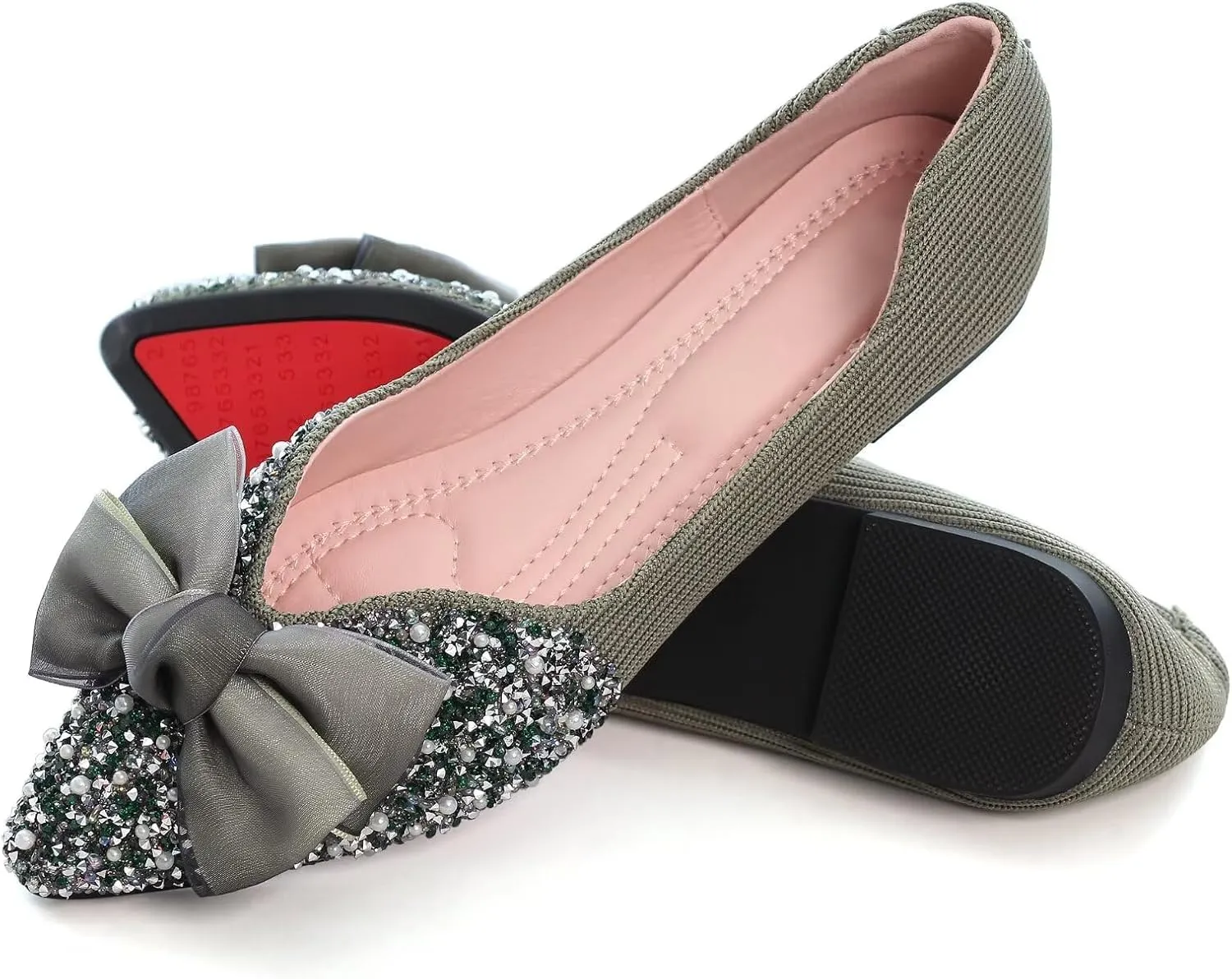 SAILING LU Bow-Knot Ballet Flats for Women Pointed Toe Rhinestones Dress Shoes Comfort Lightweight Loafers