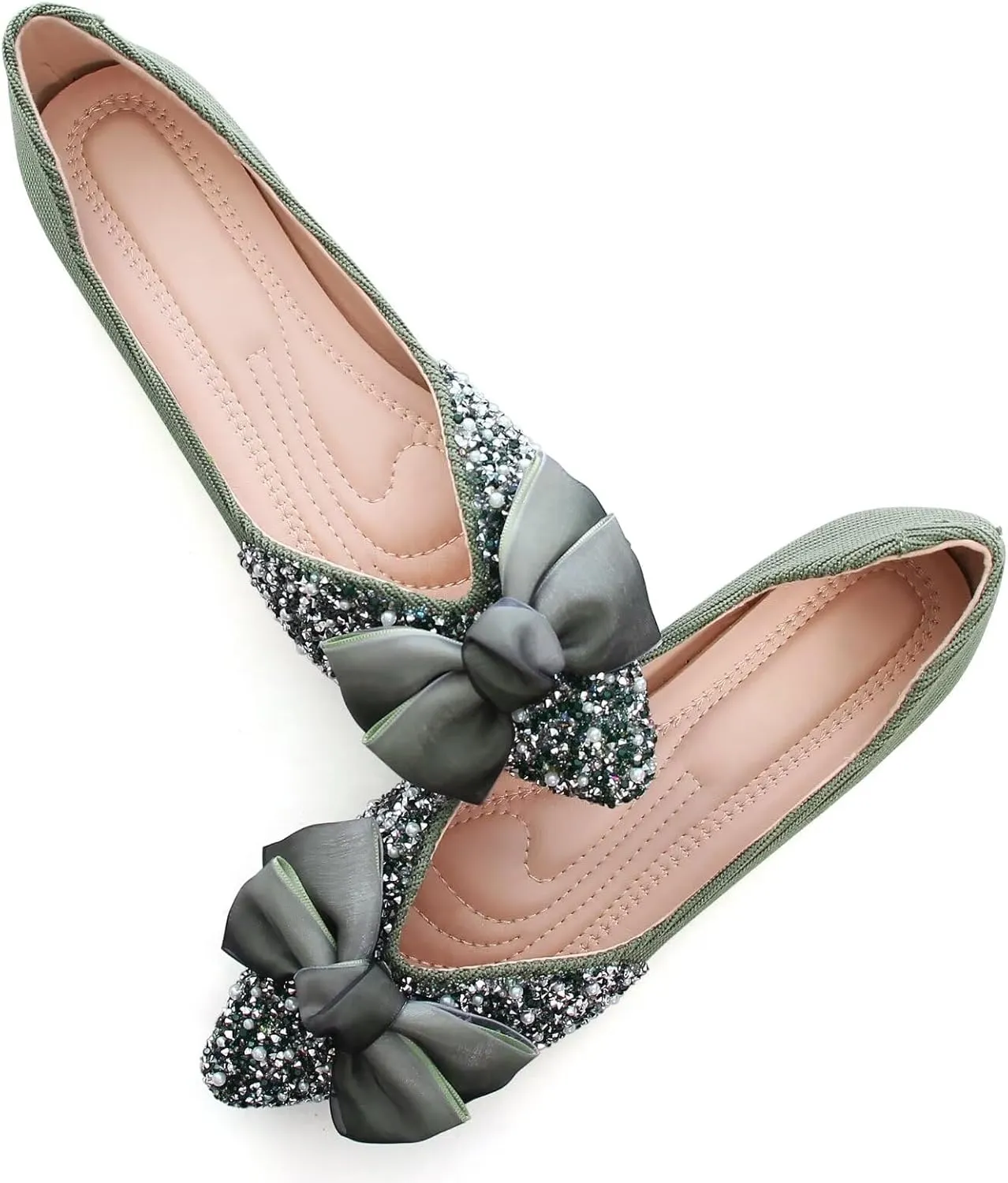 SAILING LU Bow-Knot Ballet Flats for Women Pointed Toe Rhinestones Dress Shoes Comfort Lightweight Loafers