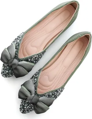 SAILING LU Bow-Knot Ballet Flats for Women Pointed Toe Rhinestones Dress Shoes Comfort Lightweight Loafers