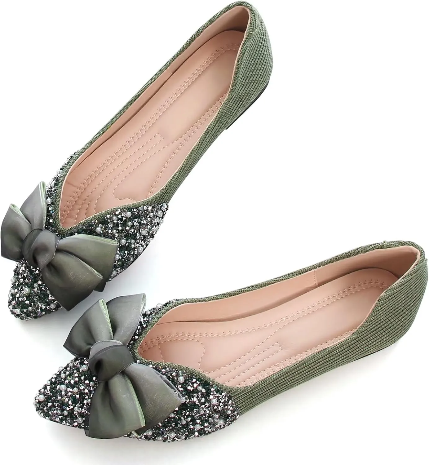 SAILING LU Bow-Knot Ballet Flats for Women Pointed Toe Rhinestones Dress Shoes Comfort Lightweight Loafers
