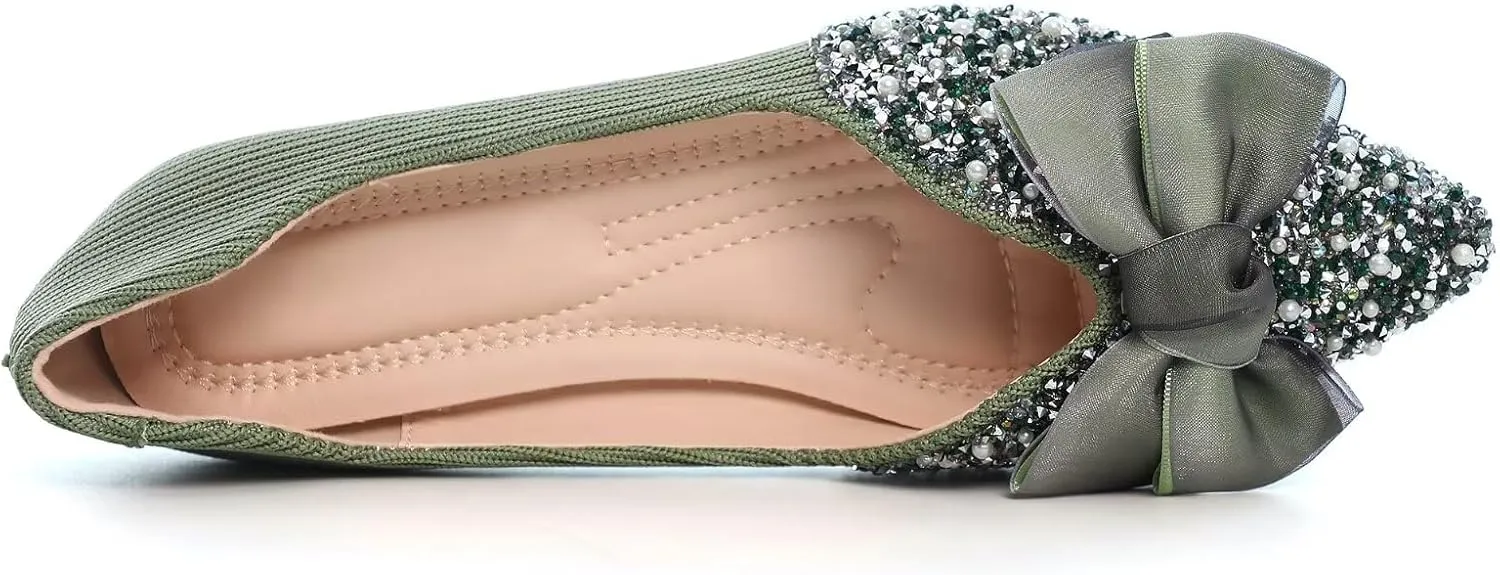 SAILING LU Bow-Knot Ballet Flats for Women Pointed Toe Rhinestones Dress Shoes Comfort Lightweight Loafers