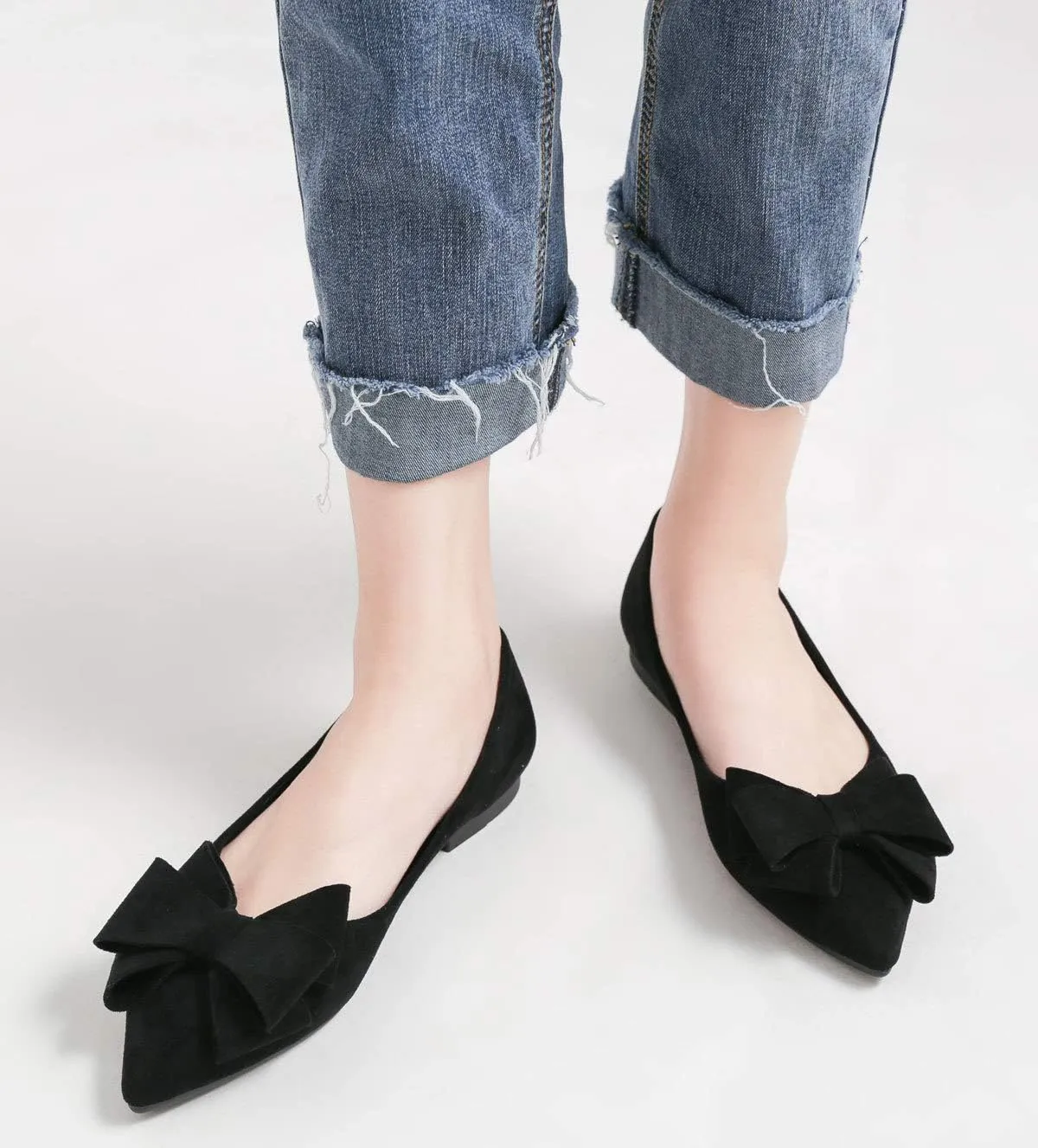SAILING LU Womens Bow-Knot Ballet Flats Pointed Toe Low-Heel Shoes Suede Dress Shoes Slip On Moccasins