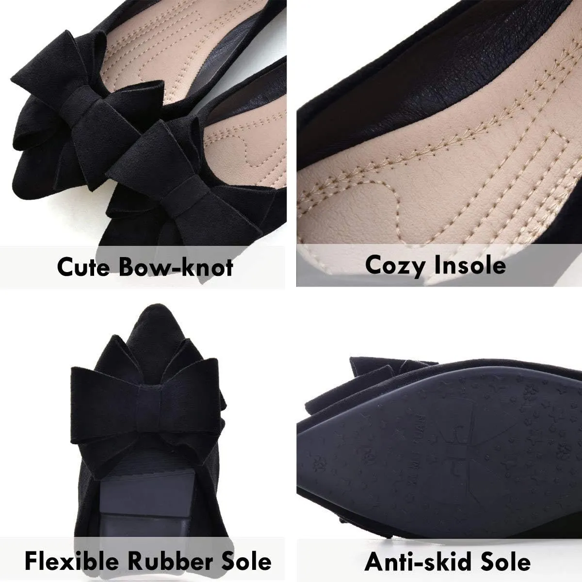 SAILING LU Womens Bow-Knot Ballet Flats Pointed Toe Low-Heel Shoes Suede Dress Shoes Slip On Moccasins